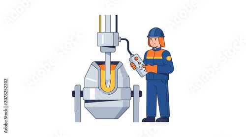 Foto Worker controls molten metal pouring from industrial furnace, metallurgy concept