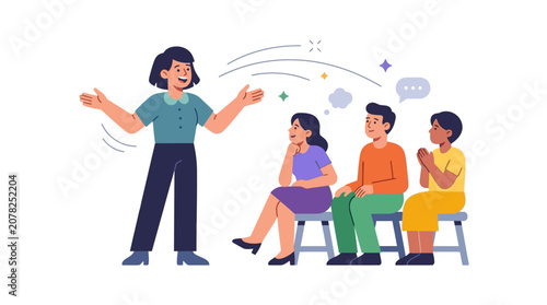 Schilderij op canvas Business meeting with speaker presenting ideas to attentive audience in a modern flat illustration style