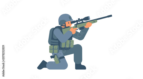 Foto Soldier with sniper rifle kneeling, aiming, tactical gear, military, flat illust