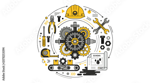 Vector illustration featuring engineering tools gears and construction elements in a circular design for industrial