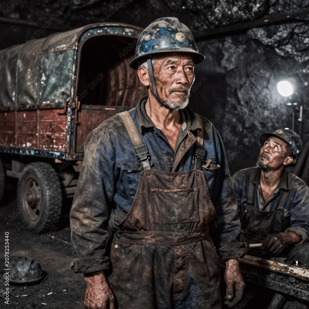 Fototapeta premium Traditional Chinese Painting Mine Hat. An Elderly Miner Stands Near A Caravan, While A Weary Mine Worker Looks At The Light In A Coal-Mine Portrait