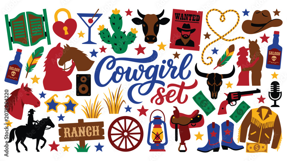 Naklejka premium Cowgirl western theme elements set with ranch icons design.
