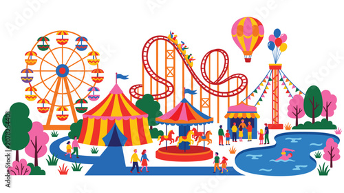 Amusement park festival scene with rides and attendees.