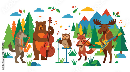 Cuadro en lienzo Wild animals playing rock music concert flat illustration.