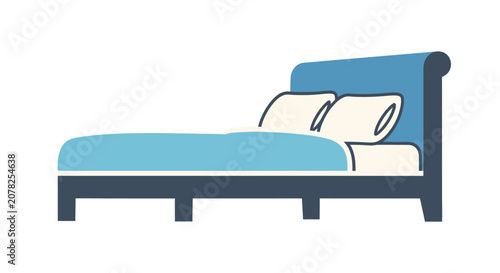 Minimalist blue bed illustration with two pillows on white background