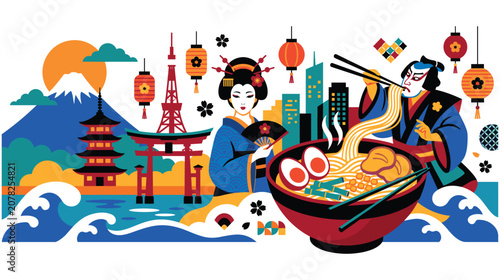 Tableau sur toile Japanese culture scenery with ramen and traditional art.