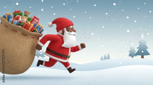 Black Santa Claus running with a heavy sack of gifts in a snowy winter landscape, festive Christmas holiday greeting card illustration for seasonal gift delivery concepts
