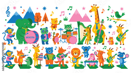 Photography Animal orchestra playing musical instruments on outdoor stage.
