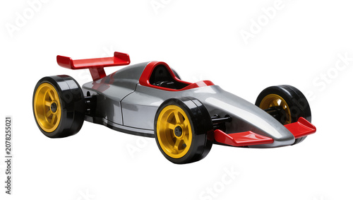 Obraz na plátne Isolated modern silver and red toy formula race car with gold wheels, realistic