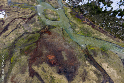 Konstfotografi Aerial View of Meandering Mountain River and Marsh Wetland in British Columbia S
