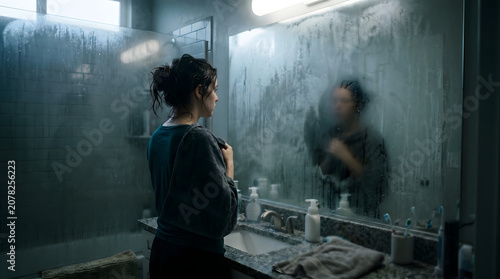 Thoughtful young woman looking at her reflection in a foggy steamy bathroom mirror