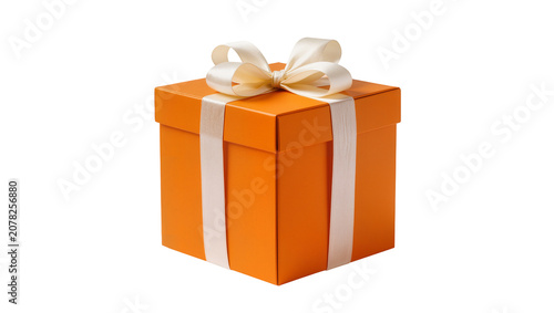Obraz na płótnie Isolated orange gift box wrapped with elegant cream ribbon bow, ready for celebr