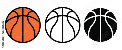 basketball icon collection featuring outline, filled and minimalist ball symbols, sports and game concept, clean vector design for branding, UI, apps, websites, social media and printable graphics.