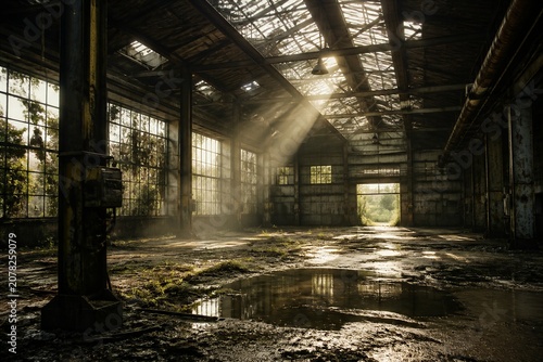 Sunlight pierces broken glass, casting golden beams. Dust swirls in the air, whispering abandonment. Moss and weeds thrive where concrete once stood. Water pools reflect the sky's fading light