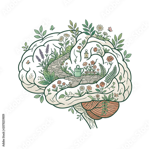 Mental health concept illustration of a human brain growing as a beautiful green garden with flowers, plants, and a stone path