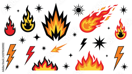Canvastavla Retro tattoo style set of fire flames lightning bolts and stars illustration vec