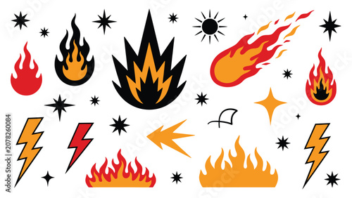 Cuadro en lienzo Retro tattoo style set of fire flames lightning bolts and stars illustration vec