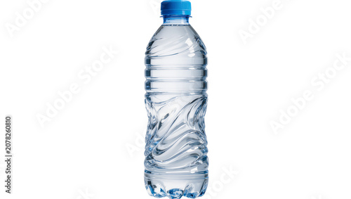 Konstfotografi Isolated modern clear plastic bottle of refreshing drinking water with blue cap, pure and healthy