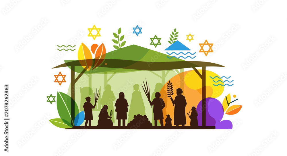 Naklejka premium Illustration of a Jewish Sukkot festival celebration inside a traditional Sukkah booth.