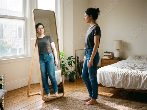 Young woman looking at herself in a mirror with body image concerns