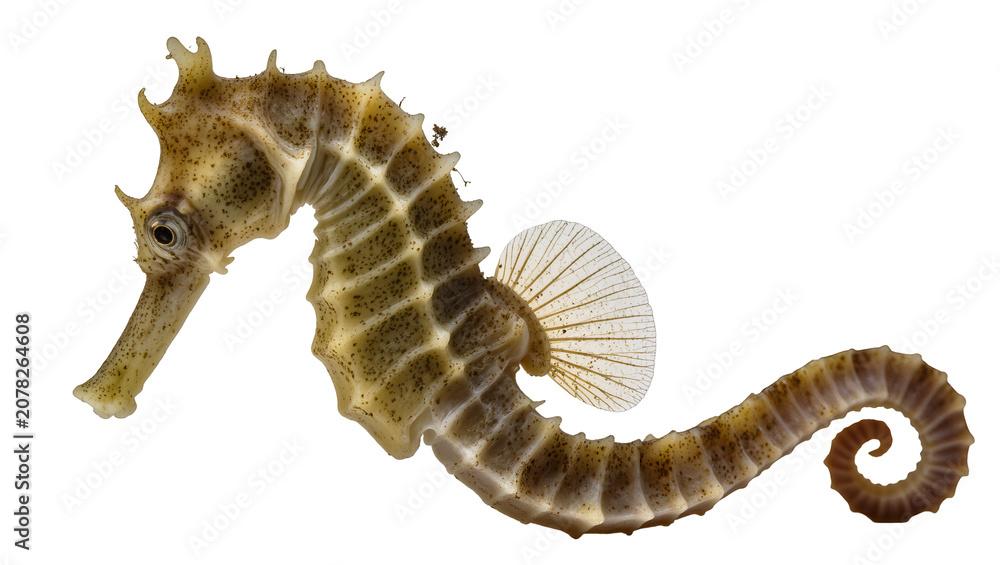 Naklejka premium Isolated ornate seahorse, a unique aquatic animal with distinctive body pattern and curled tail.