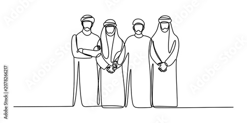 Schilderij op canvas Continuous single line drawing of four middle eastern men wearing traditional th