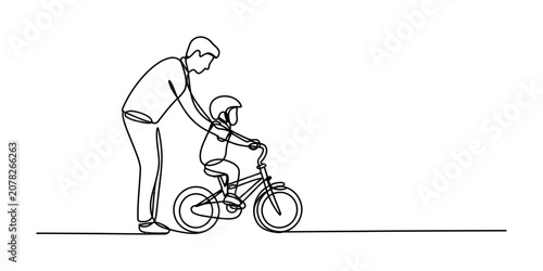 Foto Father teaching his little child how to ride a bicycle in a continuous single li