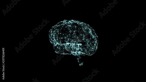 A fast continuous looping 3D animation of a glowing wireframe brain. Representing a neural network, its interconnected nodes pulse with energy against a black backdrop, symbolizing AI and data process
