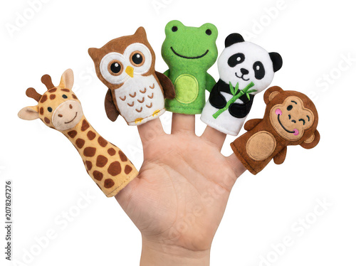 Childs hand with animal finger puppets isolated on a transparent background