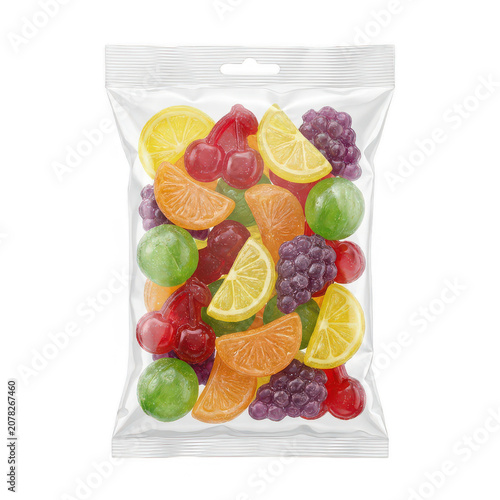 Colorful fruit candies in plastic bag isolated on a transparent background candy yellow