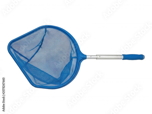 Blue pool skimmer net with long handle isolated on a transparent background