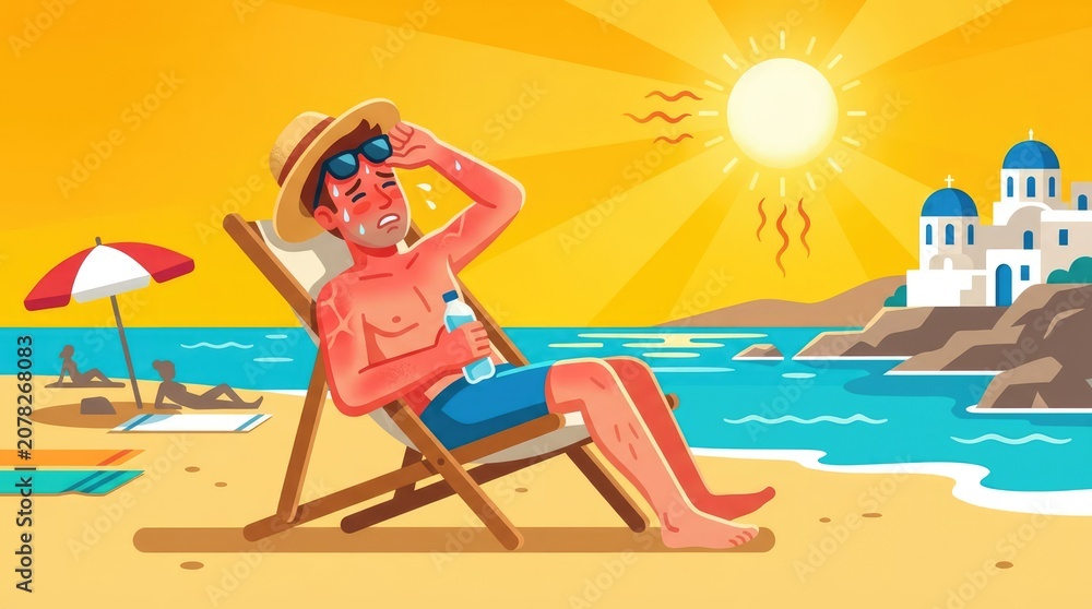 Fototapeta premium A sunburnt man sitting on a beach chair with a straw hat and sunglasses, sweating and fanning himself under the hot sun, with a Greek village in the background