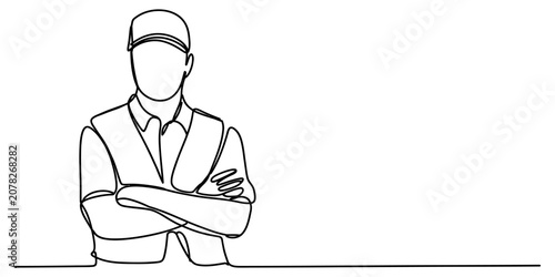 Continuous one line drawing of a delivery man with cap standing with arms crossed looking confident and professional Vector, illustration