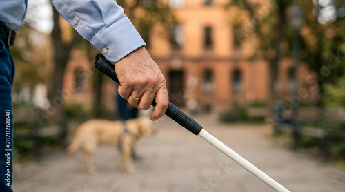 A visually impaired person holding a white mobility cane