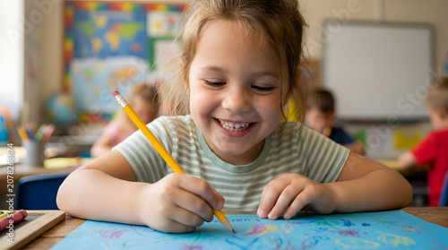 Young girl drawing in a classroom. Generative AI.