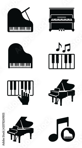 Piano Icons Set: Grand, Upright, Keyboard, Music Notes, Hand Playing