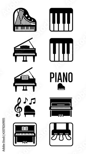 Piano Icons Set: Grand, Upright, Keyboard, Notes, Pedals - Black and White