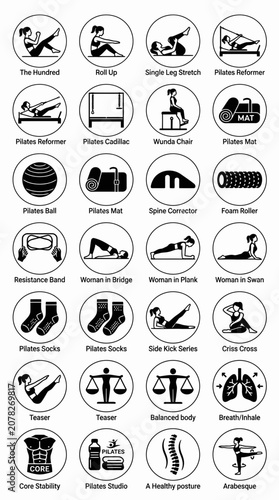 Pilates Exercises and Equipment Icons Set