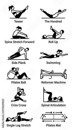 Pilates Exercises Icons: Teaser, Hundred, Roll Up, Side Plank, Ball, Reformer