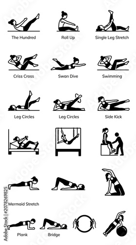 Pilates Exercises Icons Set: Core Strength, Flexibility, and Body Control Poses