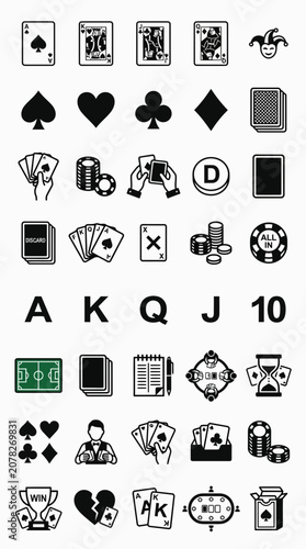 Playing Cards, Poker Chips, and Gambling Icons Set