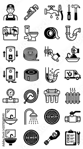 Plumbing Icons Set: Tools, Fixtures, and Services - Vector Illustration