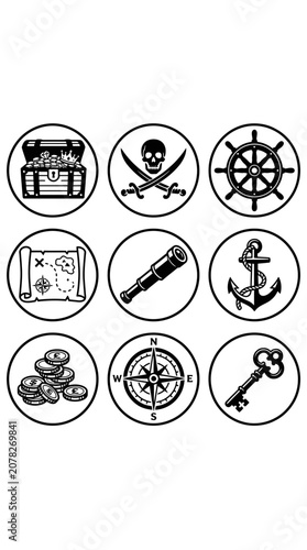 Pirate Icons: Treasure Chest, Skull, Compass, Map, Spyglass, Anchor, Coins, Ship Wheel, Key