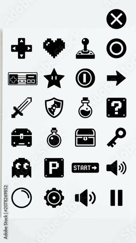 Pixel Art Retro Video Game Icons Set: Joystick, Heart, Chest, Key, Ghost, Star