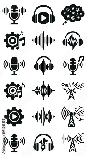 Podcast Icons: Microphone, Headphones, Sound Waves, Broadcast Tower, Gear