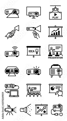Projector Icons Set: Presentation, Technology, Entertainment, Business Meeting