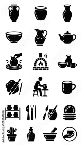 Pottery Icons Set: Crafting, Ceramics, Clay Art, Tools, Kiln, Vases, Cups