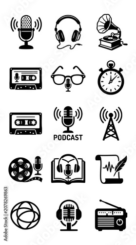 Podcast Icons Set: Microphone, Headphones, Radio, Cassette, Gramophone, Film Reel