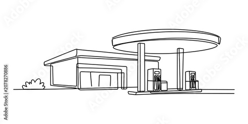 Fotografie Continuous single line drawing of a gas station with fuel pumps and a convenienc