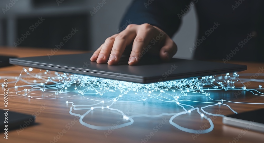 Naklejka premium Human Hand Interacting with Digital Network Data Stream Emerging from Beneath a Laptop Device on an Office Desk